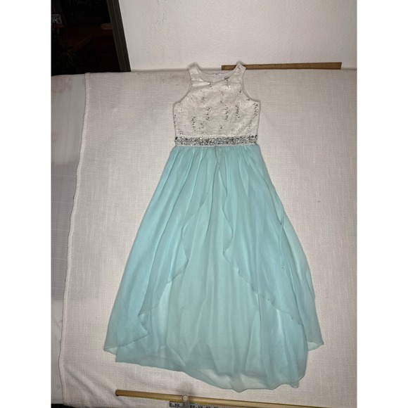 Speechless Other - Speechless Maxi Dress Girls 14 Blue White Lace Chiffon Rhinestone Formal Wedding